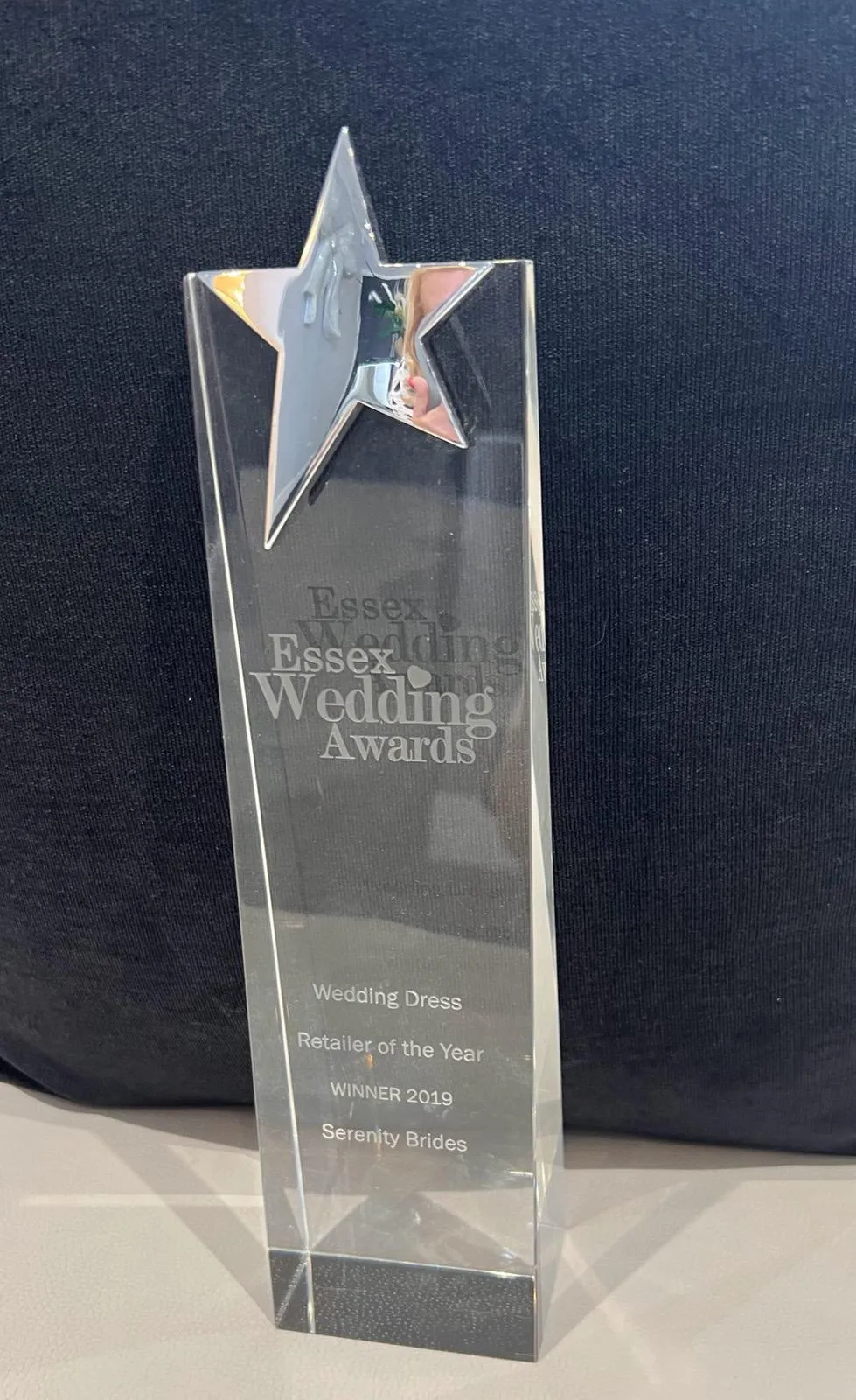 Essex Wedding Awards trophy engraved Wedding Dress Retailer of the Year, Winner 2019, Serenity Brides